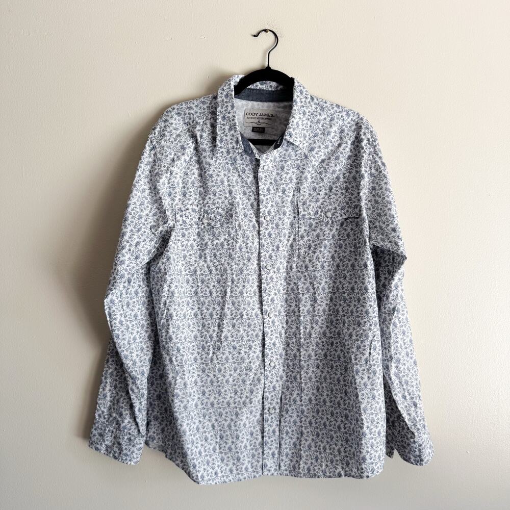 Cody James White + Blue Floral Print Long Sleeve Snap Closure Button Up XL Rodeo